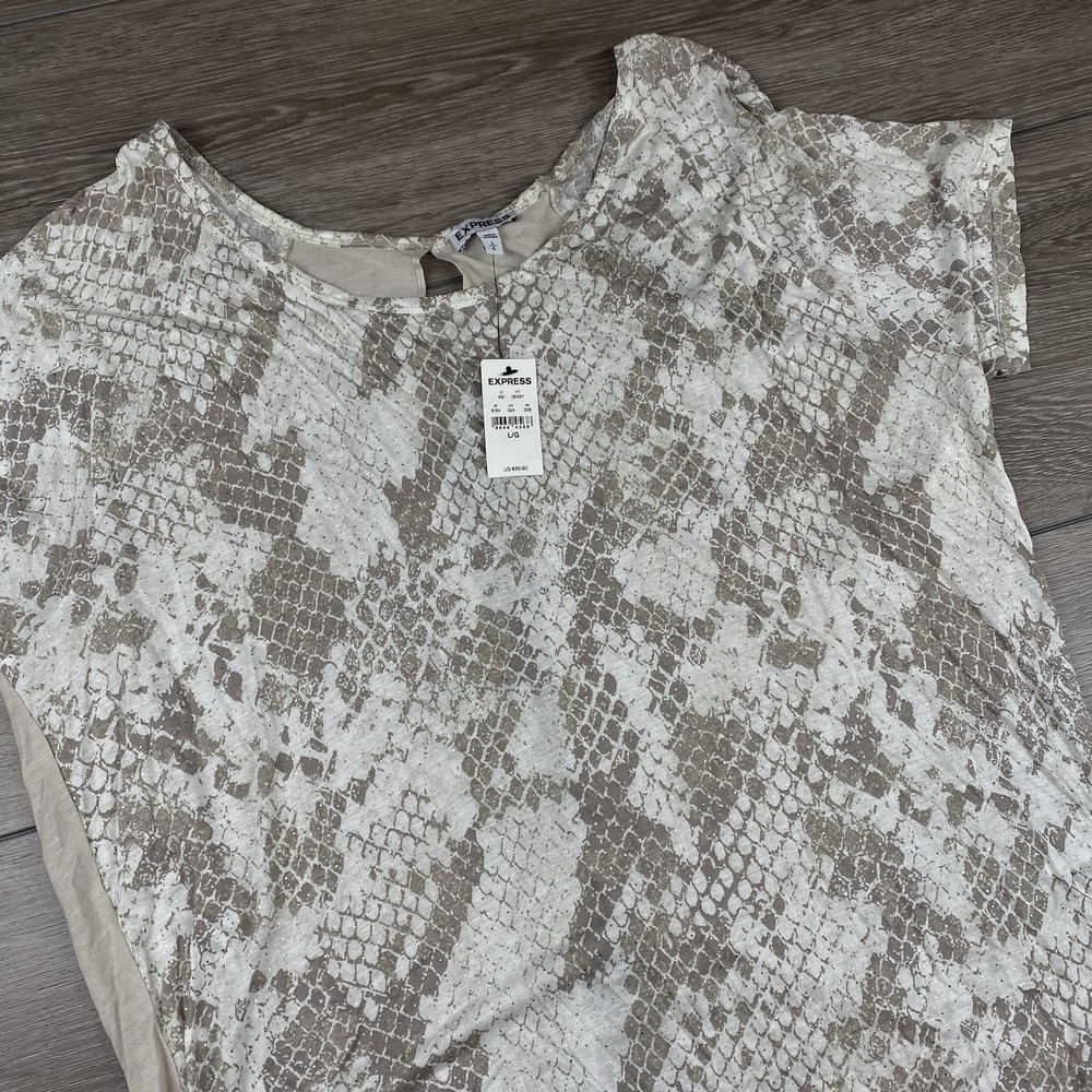 Express Women's Open Back Short Sleeve Blouse Tan White Gold Snakeskin Large New